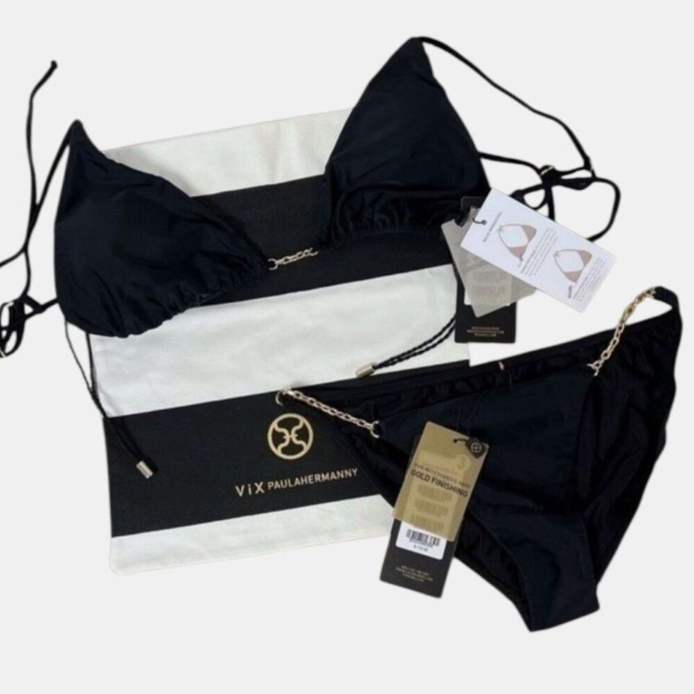 ViX Paula Hermanny Chain Bikini Set NWT Black Gold + Swim Bag D Cup Small Brazil